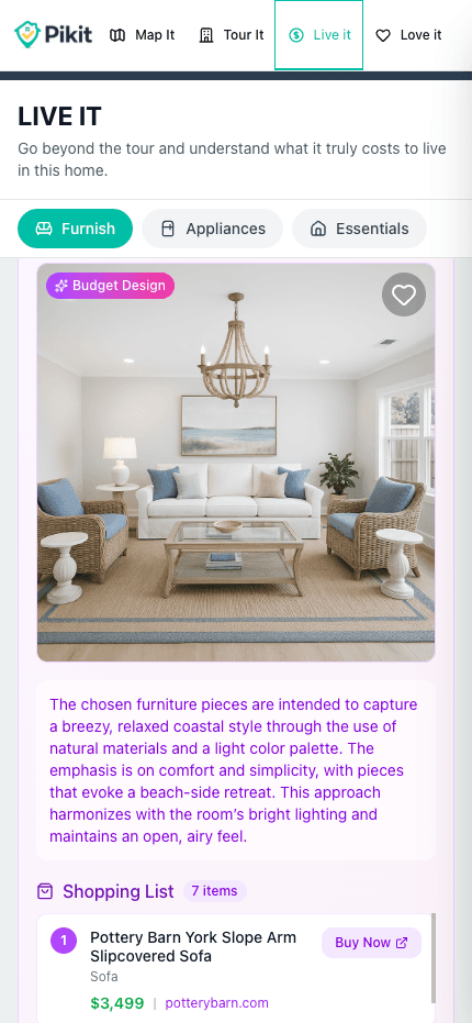 Budget-based room design with shopping list